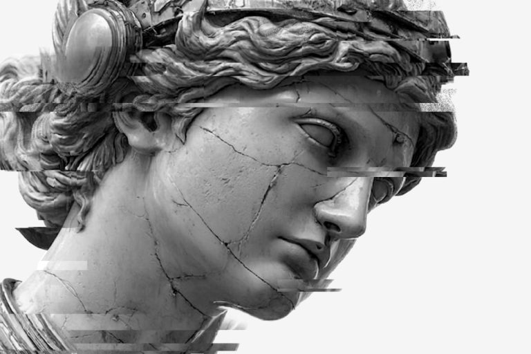 Escultura clásica en blanco y negro con efecto glitch